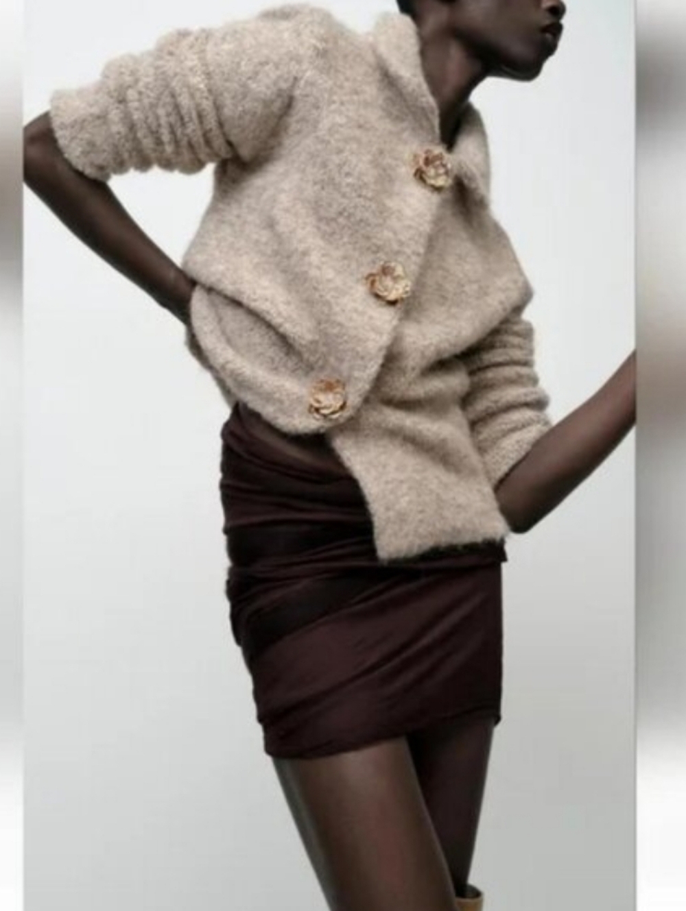 ZARA FAUX FUR KNIT CARDIGAN WITH FLOWER BUTTONS Size S - Picture 3 of 11